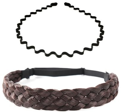 Norhogo Haarband Geflochten Haargummi, Extensions Haar geflochtene Haarverlängerung Stirnband, Damen haarreifen 5 Stränge, haarbänder damen für Hochzeit Vintage mit Wellen-Haarspange Dunkelbraun