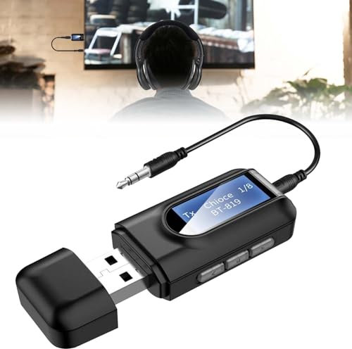 Adaptador Bluetooth de audio: 2 en 1 USB Bluetooth 5.0 adaptador para TV, transmisor de audio, receptor con pantalla LCD, jack de 3,5 mm, transmisor Bluetooth de baja latencia para PC, coche, TV,