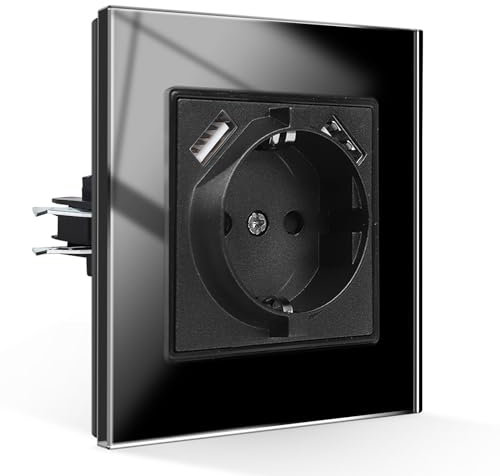 CNBINGO Schuko Steckdose mit USB Anschluss, Dual Typ-A Unterstützung Max.2,1 Amp, Einzel Steckdose mit Krallen, Schutzkontakt Wandsteckdose mit Glasrahmen in Schwarz, 1-Fach