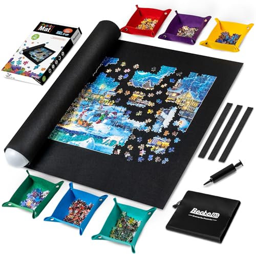 Becko US 2000 Piece Puzzle Mat Roll Up with 6 Colored Sorting Trays & Storage Bag & Black Pump, Jigsaw Felt Mat with Anti-Leak Tube & 3 Elastic Bands, Portable Puzzle Keeper for 2000 1500 1000 Pieces