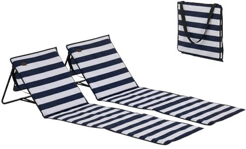 Outsunny Conjunto de 2 Esterillas Playa Plegable 142x51x40 cm Blanco y Azul | Conjunto de 2, Esteras Acolchadas de Tela Oxford 600D, Respaldo Reclinable, Correa de Transporte, para Jardín