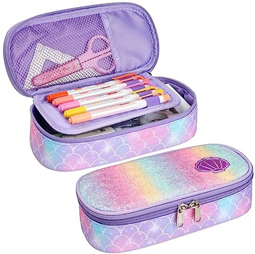 Bagseri Pencil Case for Girls - Cute Pencil Case for Kids Large Capacity Pencil Box for Girls, Multifunction Pencil Bag with Compartments, Pen Case Only (Glitter Purple, Mermaid)