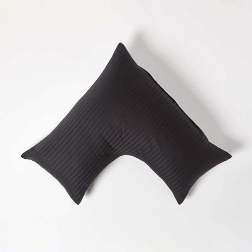 HOMESCAPES Black Pure Egyptian Cotton V-Shape Pillowcase 330 TC 500 Thread Count Percale Equivalent Satin Stripe Pillow Case For Nursing Pregnancy and Elderly Pack of 4