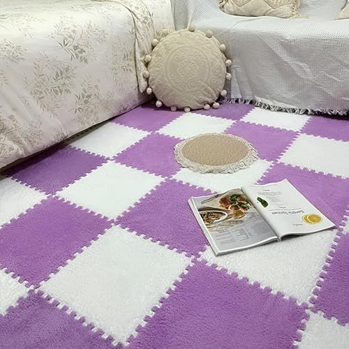 10 Stück Puzzle-Teppich, Teppichfliesen, Puzzle-Spielmatte, Weiche Plüsch-Plüsch-Bodenfliesen, Ineinandergreifende Schaumstoffmatten, 30 X 30 cm(Size:0.39 inch,Color:Lila+Weiß)