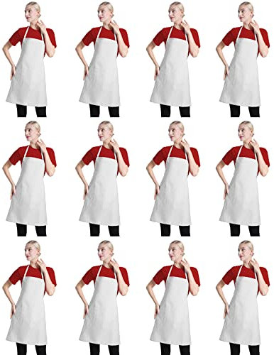 CWFUN 12 pack White Apron for Women Men with Pockets, Plain Adult Bib kitchen Cooking bbq Painting Aprons