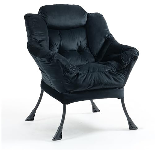 TIANSHU Fauteuil de Salon en Velours Avec Support de Nuque, Pieds en Métal et Coussins épais - Pour Lecture, Relaxation, Salon, Chambre, Bureau (Noir)
