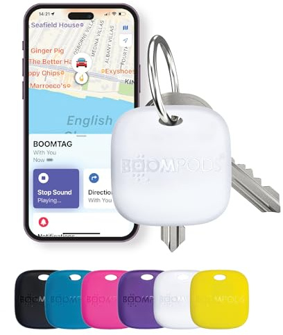 Boompods Tag Tracker Rechargeable Tracking Tag, White | Ocean Plastic Tracker for Kids, Suitcases & Pet, Bluetooth Dog Tracker Devices Compatible with Apple Find My App, Small Key