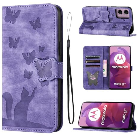 LSPCASA Klappschutzhülle Für Motorola Moto G24/G04 4G 6.5 Zoll Standfunktion Moto G24/G04 Hülle Mit Kartenfächern Moto G24/G04 Hülle Katzen Schmetterlingsmuster Lederhülle, Lila