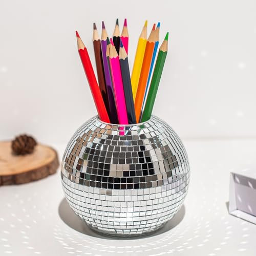 RGBDOT Disco Ball Bleistifthalter für Schreibtisch - Disco Ball Pen & Make-up Pinsel Veranstalter mit silbernen Pailletten, Disco Zubehör Dekor für Büro, Haus oder Schlafzimmer - 4 in