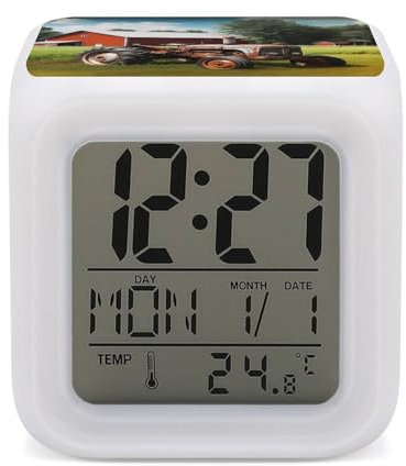 LFDSYEOQ Réveil pour chambre à coucher, grand dormeur, tracteur agricole, petite horloge de voyage à piles, réveil numérique avec veilleuse 7 couleurs, lampe de chevet
