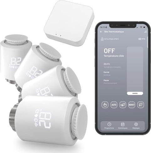 Pack 4 Têtes Thermostatiques Connectées et Intelligentes + Passerelle Intelligente - Vannes thermostatiques pour Radiateurs - Chauffage Collectif