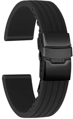 ULLCHRO Replacement Silicone Watch Strap Band Stripe Pattern – 16 mm, 18 mm, 20 mm, 22 mm, 24 mm Rubber Watch Strap with Black Stainless Steel Folding Buckle (20mm, Black)
