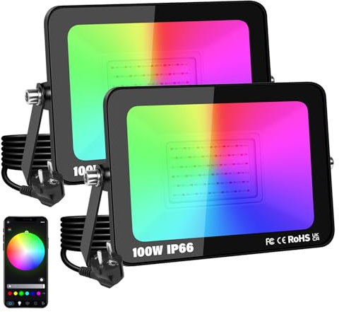 YOJZMA 2 Pcs 100W projecteur LED d'extérieur avec prise, éclairage de paysage intelligent RVB à changement de couleur avec contrôle par application, étanchéité IP66 pour jardins et cours