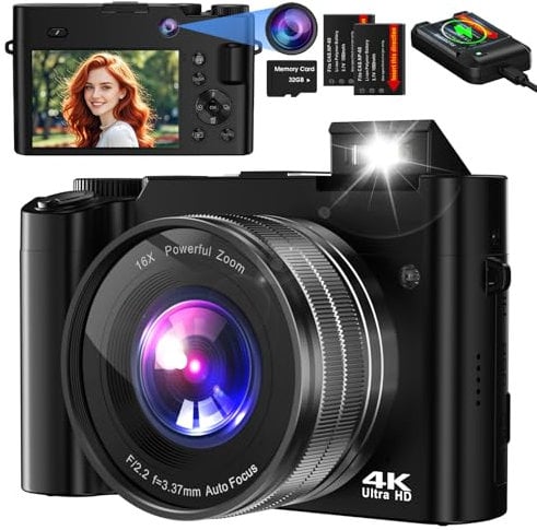 Cámara Digital,Bofypoo 64MP Autofocus Cámara de Fotos con Cámaras Dobles Delanteras y Traseras 32G Tarjeta de Memoria, Camara Fotos Digital con Zoom Digital 16X para Principiantes(Negro)