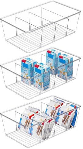3 Pack Storage Organizer Bins, Plastic Desk Storage Bins Food Storage Organizer with 4 Slots for Pantry, Kitchen, Fridge, Cabinet Packets, Snacks, Pouches, Spice Packets