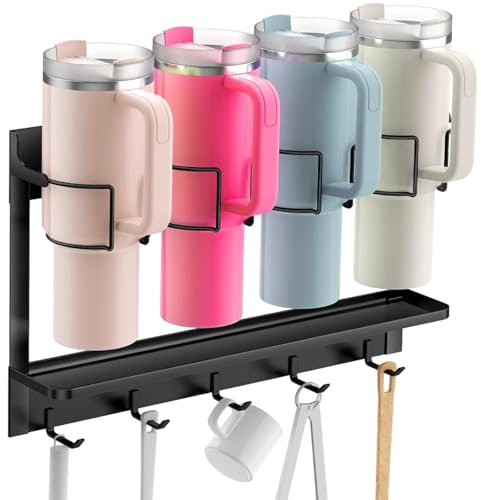 Mnxght Wasserflasche Organizer für Stanley, Magnetischer Becherhalter mit 5 Hake Stanley Cup Flaschenregal für 30/40 oz Tumbler 2-in-1 Trinkflaschenhalter Kühlschrank/Küche/Büro (Schwarz)