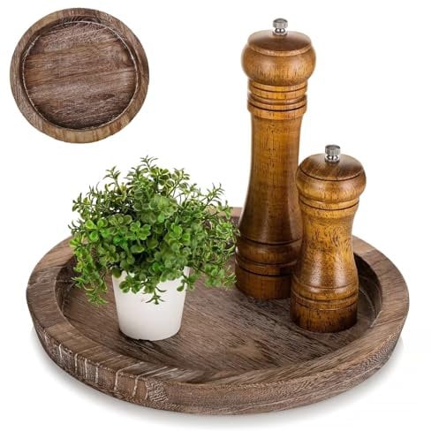 Large Wooden Candle Plate - 28.5 cm Round Wooden Tray, Vintage Candle Holder, Decorative Rustic Tray Table Centerpiece for Coffee Table, Drink Serving, Bedside, Kitchen, Bath, Vintage Brown