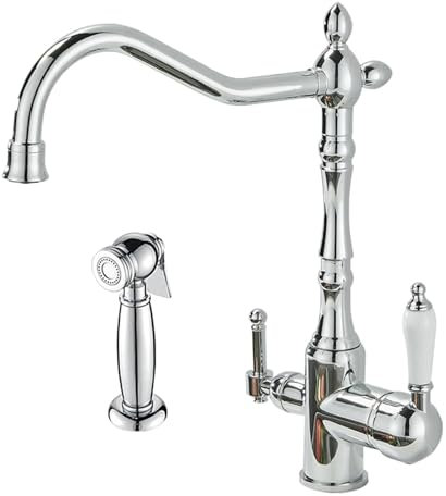 Robinet d'évier de cuisine à 3 voies avec pulvérisateur - Style rétro - 2 trous - Double levier extractible (chromé)