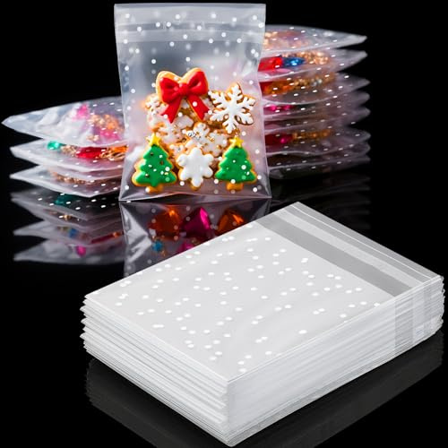Mbsomnus 300 Stk Cellophantüten Selbstklebend 10x10 cm Zellophantüten | Süssigkeiten Tüte, Klarsichttüten Klein, Tupfe, Plastiktüten Transparent, Weihnachten Kekstüten, für Keks, Bonbon, Halloween