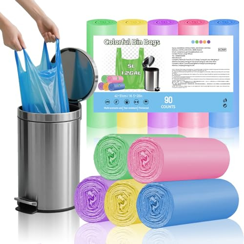 Small Bin Bags 5L with Tie Handles 90 Bags Colourful Pedal Bin Liners Thick, Leakproof, Strong Mini Waste Refuse Sacks for Bathroom, Office, Kitchen Fit 6l-8 Liters Bins