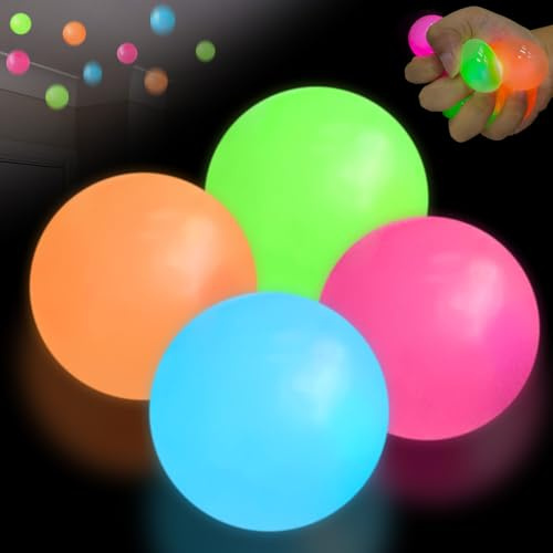 Lot de 4 balles adhésives lumineuses - Cadeau de Saint-Valentin pour lui, elle, balle anti-stress pour plafond, boules phosphorescentes pour adultes, cadeaux de Saint-Valentin pour enfants