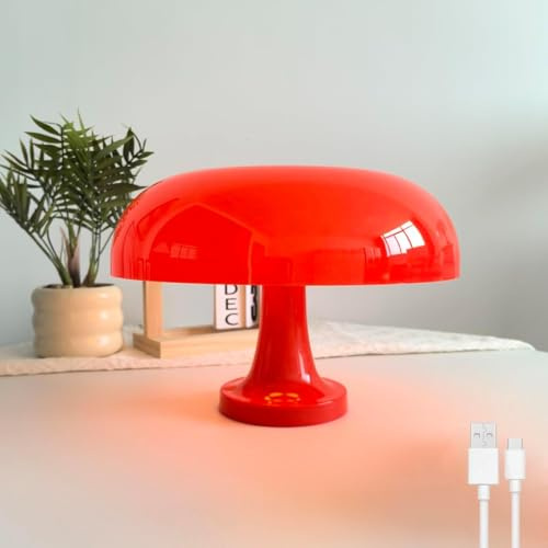 OOWOKS Pilz Lampe, LED Tischleuchte Kabellos Dimmbar mit Touch Control, Akku Tischlampe Pilz Acryl Lampeschirm 1800mAh USB Aufladbar Mushroom Lamp für Wohnzimmer Esszimmer Schlafzimmer,Rot