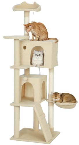 PawHut 160cm Cat Tree for Indoor Use, Multi-Level Cat Tower, Beige | Scratching Posts, Plush Perches & Condos, Large Kitty Activity Centre, Hammock, Ladder, Dangling Balls for Kittens