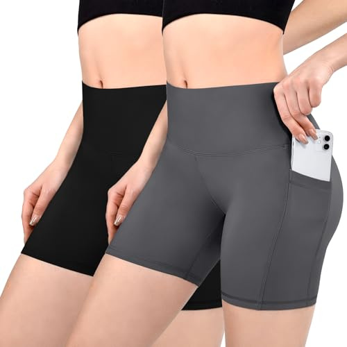 Sanpetix 2 Pack Radlerhose Damen mit Taschen Sporthose | Sporthose Damen Kurz für Gym, Zwei Taschen, Weicher, Dehnbarer Stoff, Ideal zum Radfahren, Laufen und für den Alltag