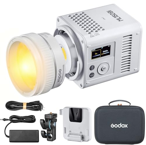 Godox ML150BI Bi-Color LED Video Light, 2800K-6500K 61054Lux Video Lighting Kit, APP/DMX/NFC Addition Control, mit ML-Z Zoom Objektiv Reflektor und V-Mount Batterie Adapter ML-VMA