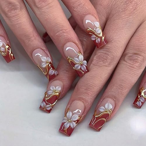 Bafutayawa Falsenails, 24Pcs Press On Nails Medium Square with Red French Tip & Flower Design, Stick-On Nails for Women