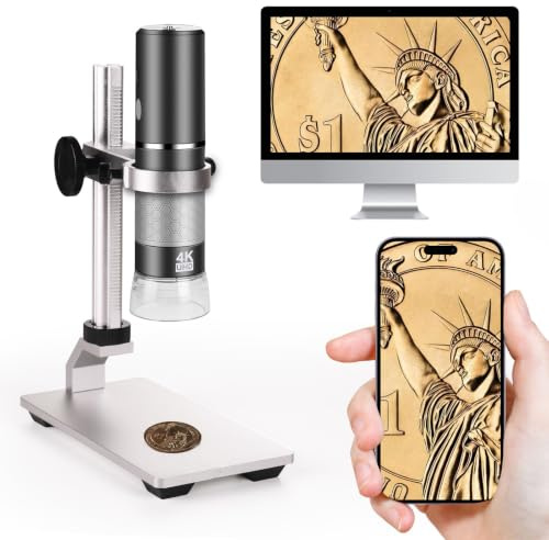 Microscopio Mostanne 4K con Soporte Metálico Pro, Cámara Microscopio Digital con Resolución de 3840x2160, Aumento de 50X a 1000X, Compatible con iPhone Android Tabletas Mac Chrome Linux y Windows