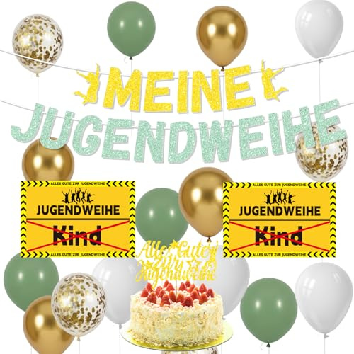 Jugendweihe Deko Jungen Mädchen - Salbeigrün Gold Meine Jugendweihe Banner Girlande Luftballons Kuchen Deko, Alles Gute Geschenk zur Jugendpartei für Sohn Tochter