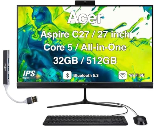 Acer Aspire C27 All-in-One, 27 IPS FHD, Ryzen 7 5825U, 32 GB/512 GB | Tastiera e mouse USB, Wi-Fi 6E, Bluetooth 5.3, HDMI, DP, RJ-45, Webcam, Windows 11 Pro/w DKZ USB Hub Accessorio