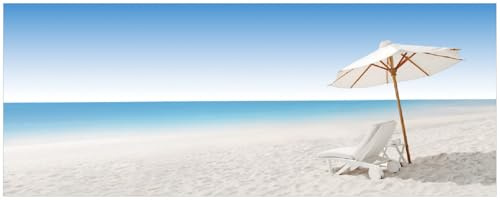 Wallario Memoboard aus Glas mit Motiv, Magnet-Tafel in 32 x 80 cm in Premium Qualität Sonnenliege am weißen Strand unter blauem Himmel