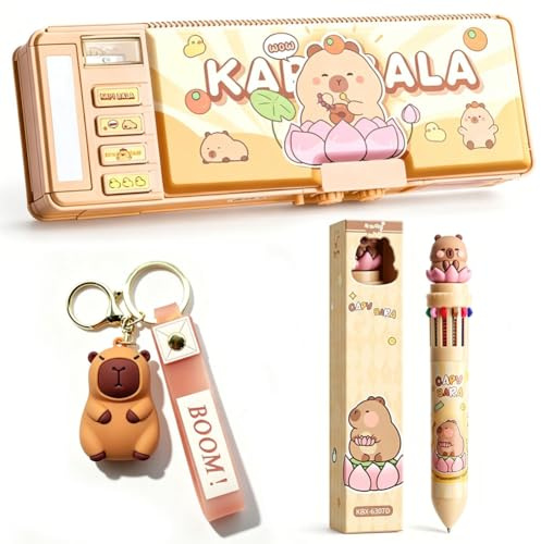 Capybara Federmäppchen, Pop-Up Multifunktional Stifteetui mit Zahlenschloss mit Stifte Farben, Cartoon Stifteetui für Kinder und Erwachsene, Cartoon Pen Box Organizer Schreibwaren Set für Schule