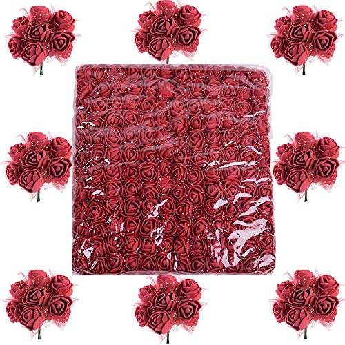 288 Stück Weinrot Schaumrosen mit Stiel Künstliche Blumen Foamrosen Blumenköpfe Schaum Foam Blumen Brautstrauß Rosenstrauß Deko Kunstblumen Rosen Basteln Kunstblume für Hochzeit Party Feier usw