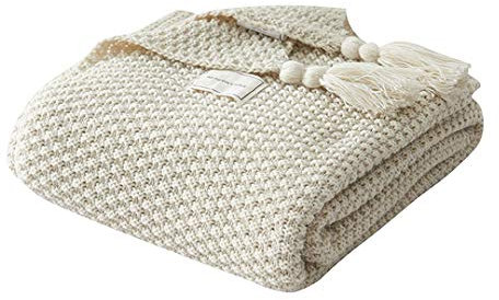 AUSTINCIAGA Decke aus Strick, Plaid, Sofa, Tagesdecke, Tischdecke, Tagesdecke, nordisch, warm, weich, mit Fransen, handgefertigt, für Strand, Picknick, alle Jahreszeiten (Beige, 150 x 200 cm)
