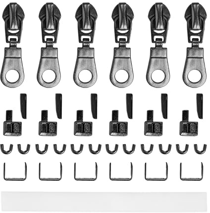 Reißverschluss Reparatur Set, mit Schiebern, für METALL #5 RV Größe, mit 6 x Schieber, Endstück unten, Endteil oben, Anleitung, Ersatz Zubehör für Metallzähne Reissverschlüsse, Stopper Kit Diy Laschen
