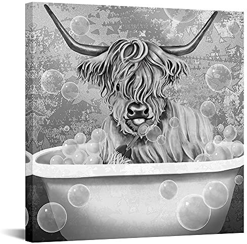 VANSEEING Leinwandbild, Motiv Highland-Rinder, schwarze und weiße Kuh in der Badewanne, Bild mit Bauernhoftier-Malerei, Druck für Badezimmer, Kinderzimmer, Dekoration, gerahmt, 61 x 61 cm