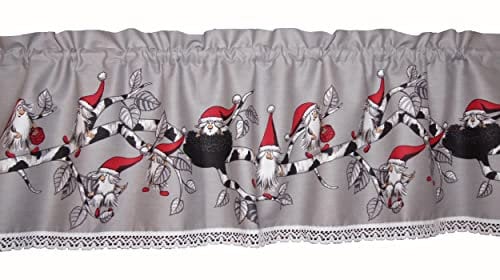 Nr. 1542 Scheibengardine, Weihnachtsgardine, Weihnachtswichtel auf dem Ast, graugrundig, rot, weiß, schwarz, 1 Abschlußspitze