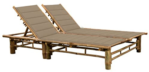 Sonnenliege Doppelliege Bambus, Campingliege Strandstuhl mit Auflage, Liegestuhl für Garten Balkon, 200x130x(24-87) cm