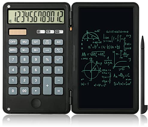 Basic Calculator, 12-Digit Premium Mute Desktop Calculators with 6 inch Writing Tablet, Solar and Battery Dual Power for Office, School, Business