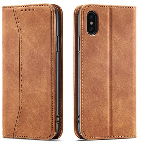 OKZone Kompatibel mit iPhone XS Max (6,5 Zoll) Case, Magnetische Ledertasche Handytasche, Kartenschlitz Schutzhülle, [Premium PU Leder] Flip Flap Stoßfest Magnetische Standfunktion (Hellbraun)