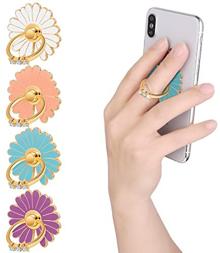 cobee Lot de 4 Anneaux de Support pour téléphone Portable, Motif Marguerite Mignonne, en métal, Rotation à 180 °/360 °, poignée avec Boucle de Bouton, Compatible avec la Plupart des Smartphones
