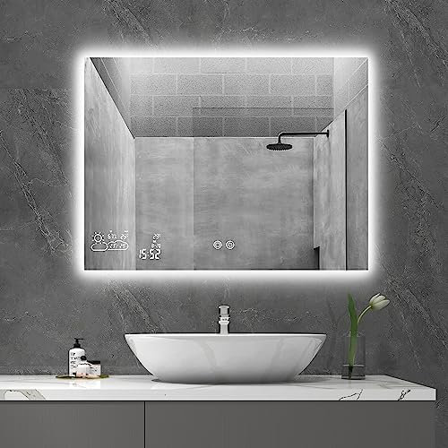 byecold Badspiegel mit LED Beleuchtung 80x60CM, Spiegelheizung mit Wetterstation, WiFi & Touch-Schalter, Bad Beschlagfrei Spiegel Heizung, Horizontal