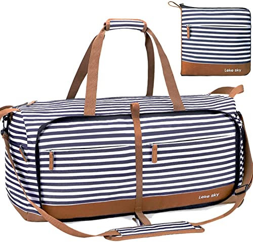 Lekesky Reisetasche Damen 100L Faltbare Reisetasche Weekender Sporttasche mit Schuhfach, wasserdichte Handgepäck Tasche/Sporttasche/Krankenhaustasche (Blau Gestreift)