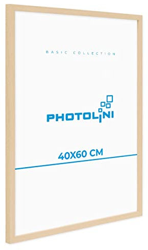 PHOTOLINI Cadre 40x60 bois MDF naturel, cadre 60x40 pour poster et affiches, cadre 40 x 60 verre acrylique incassable, cadre photo 40x60 à suspendre, avec accessoires supplémentaires