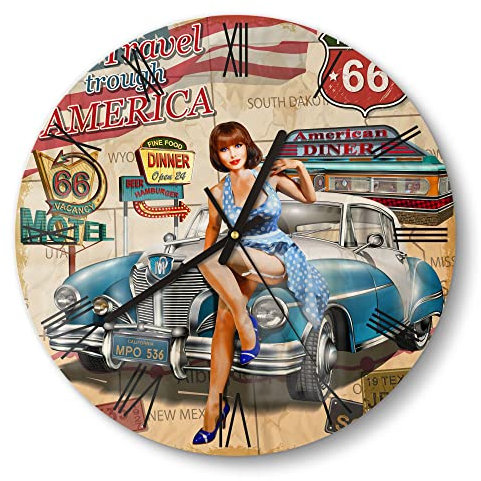 DEQORI Glasuhr | rund Ø 30 cm | Motiv Route 66-Plakat | ausgefallene leise Design Uhr aus Glas | Wanduhr für Wohnzimmer & Küche | Moderne Hingucker Uhr für die Wand