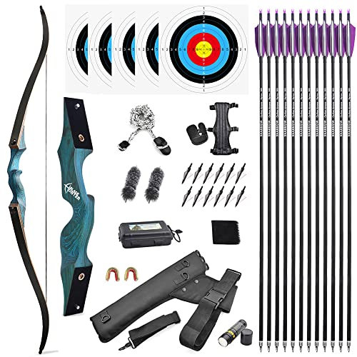 SHARROW 60 Bogenschießen Takedown Recurve Bogen und Pfeile Set Traditioneller Jagdbogen Erwachsener Holz Bogen 20-60lbs Rechtshänder und Linkshänder (25lbs, Rechte Hand: Blau)