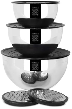 serenk Mixing Bowl Set with Lids and Graters, 9 Piece Stainless Steel Nesting Bowls with 2 Graters, Healthy and Durable for Food Storage, Mixing and Serving